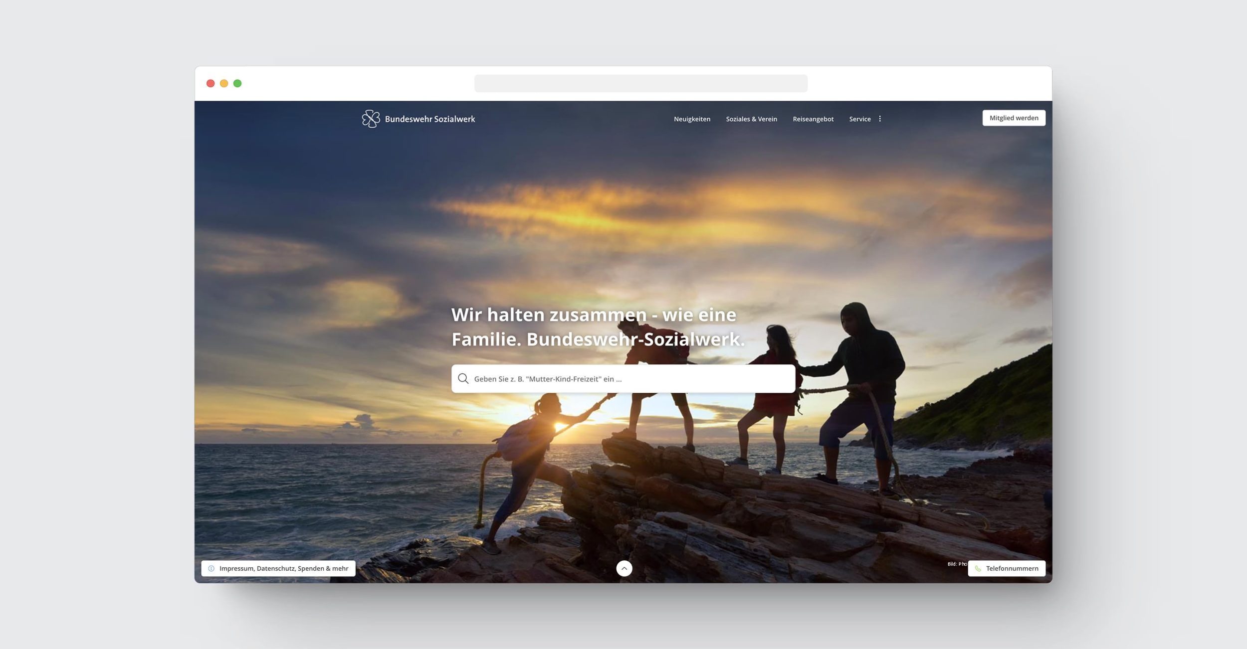 Startseite der Website vom Bundeswehr Sozialwerk